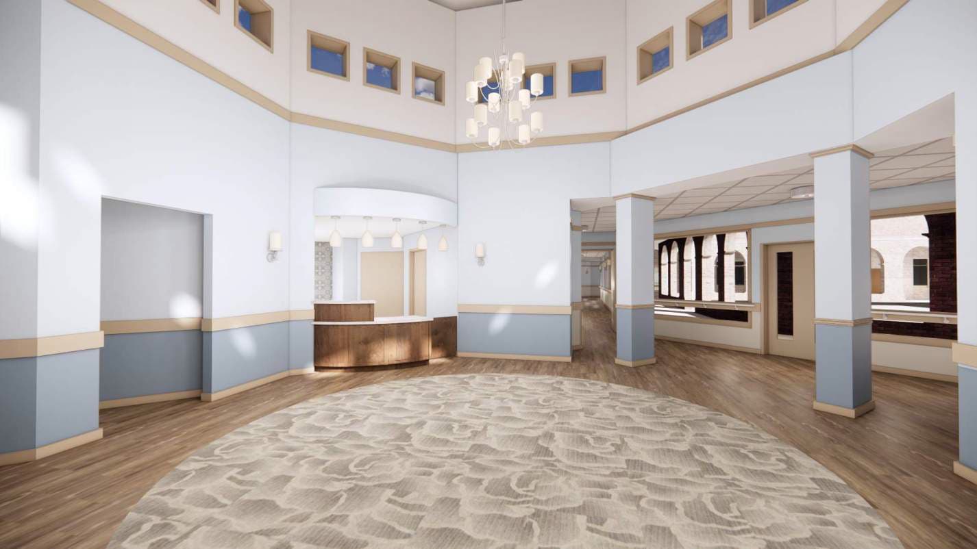 Rendering of a lobby, high ceilings